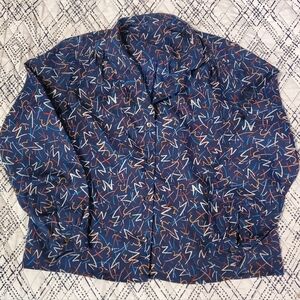 Memphis Design Abstract Zig Zag Rainbow Blue Button Up